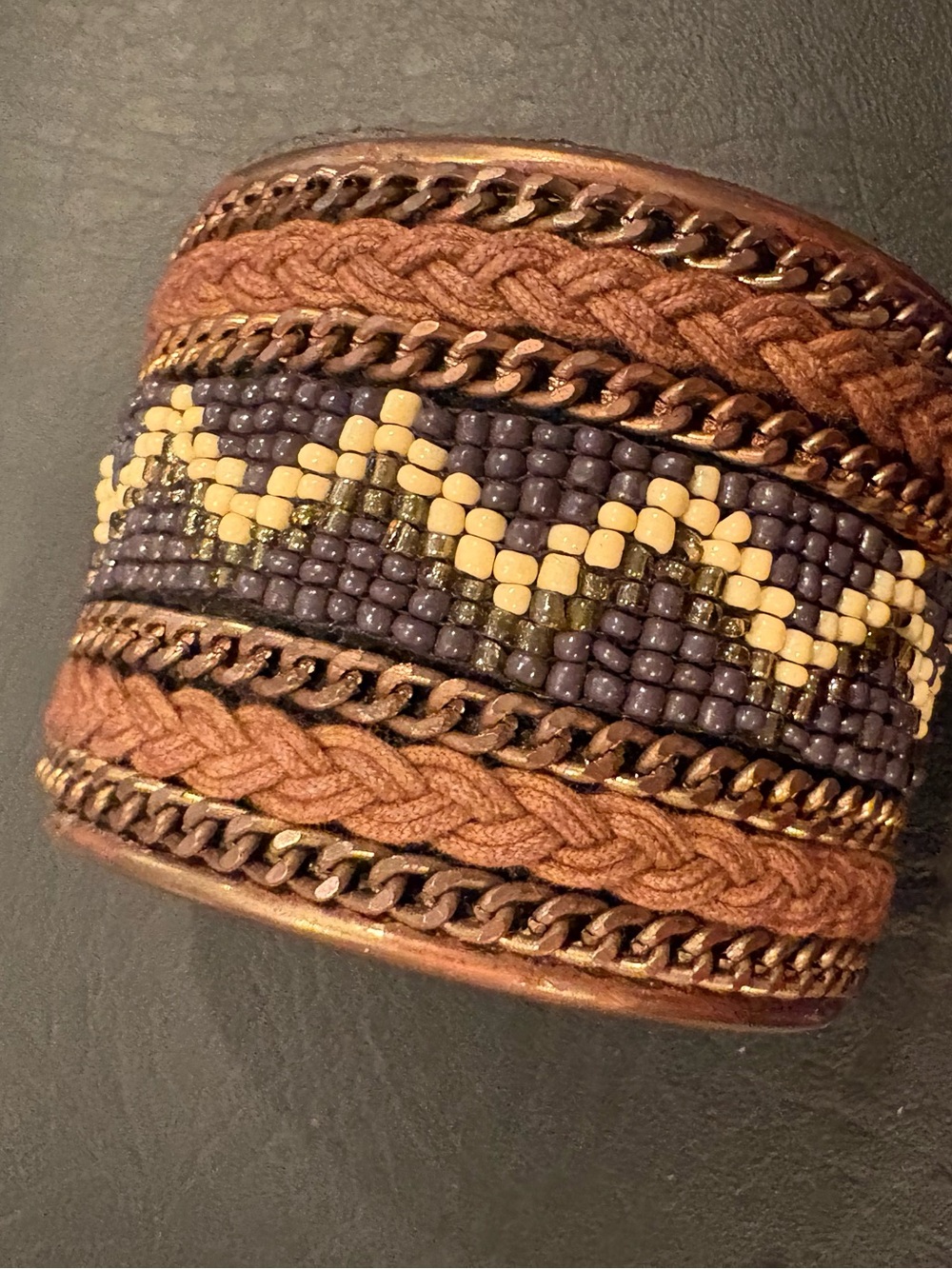 Braided Brown and Black Beaded Leather Cuff Bracelet